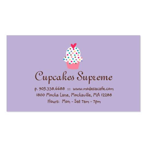 Cupcake Bakery Polka Dots Purple Heart Business Card (back side)