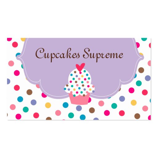 Cupcake Bakery Polka Dots Purple Heart Business Card (front side)