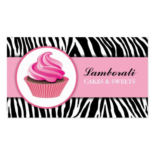 Cupcake Bakery Zebra Print Pink Elegant Modern Business Card (front side)