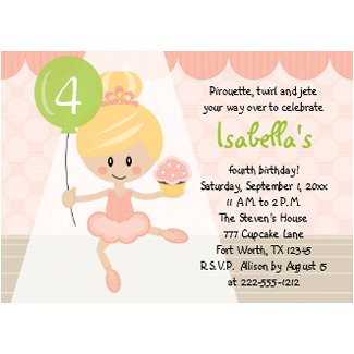 Ballerina Birthday Invites Blonde Cupcake and Balloon