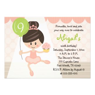 Cupcake Ballerina Birthday Brunette Custom Invitations