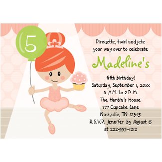 Ballerina Birthday Party Invitations Redhead With Cupcake and Balloon