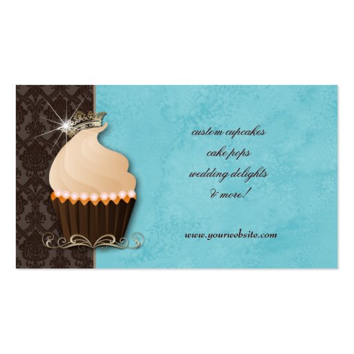 Cupcake Business Card Crown Blue Brown Damask (back side)