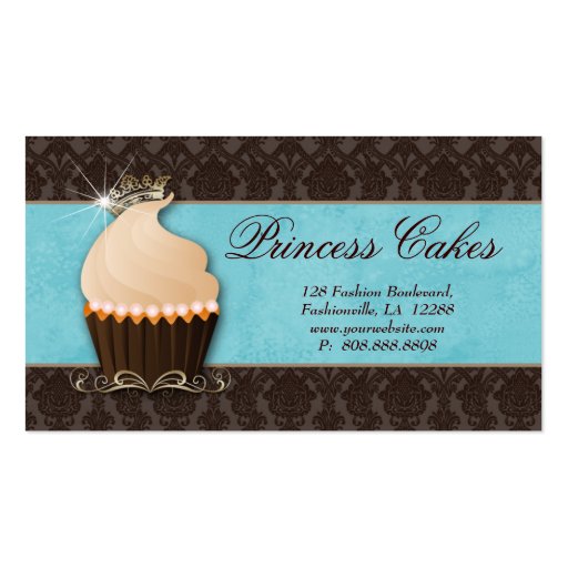 Cupcake Business Card Crown Blue Brown Damask (front side)