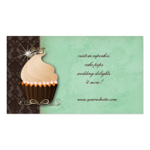 Cupcake Business Card Crown Mint Brown Damask (back side)