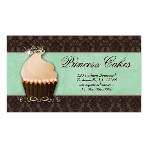Cupcake Business Card Crown Mint Brown Damask (front side)
