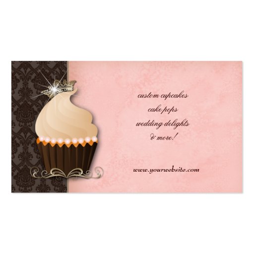 Cupcake Business Card Crown Pink Brown Damask (back side)