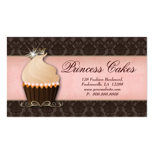 Cupcake Business Card Crown Pink Brown Damask (front side)