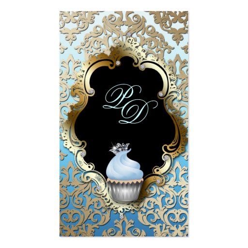 Cupcake Business Card Elegant Damask Blue Gold (front side)