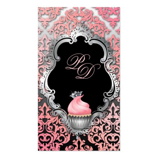 Cupcake Business Card Elegant Damask Peach Pink (front side)