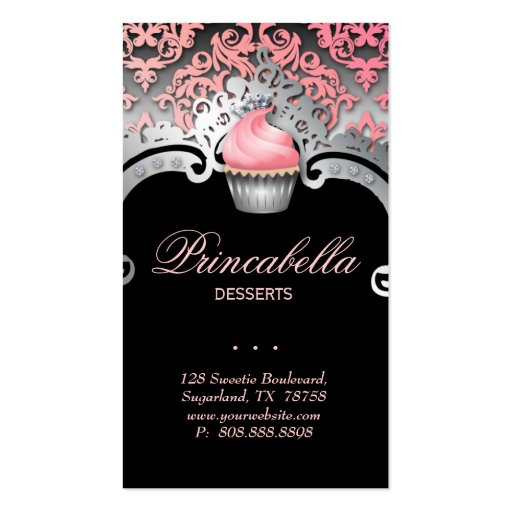 Cupcake Business Card Elegant Damask Peach Pink (back side)