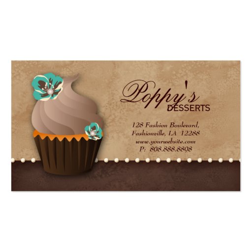 Cupcake Business Card Floral Brown Vintage Teal (back side)
