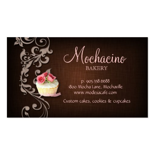 Cupcake Business Card Linen Brown Pink Roses (back side)