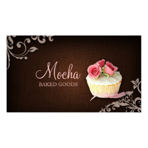 Cupcake Business Card Linen Brown Pink Roses (front side)