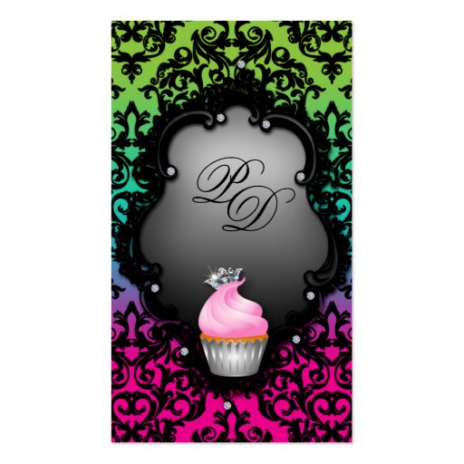 Cupcake Business Card Retro Damask Pink Green (front side)