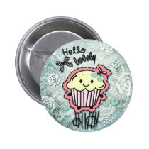 Cupcake cartoon on blue Damask, hello lovely! buttons