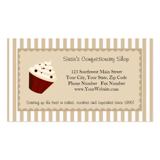 Cupcake Custom Logo, Soft Mocha Stripes Business Cards (front side)