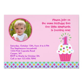 Cupcake First Birthday Party Photo Invitation 5" X 7" Invitation Card