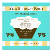 Cupcake on Aqua 75th Birthday Party Invitation