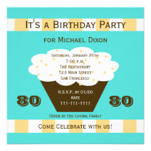 Cupcake on Aqua 80th Birthday Party Invitation