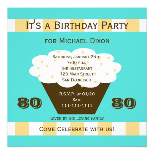 Cupcake on Aqua 80th Birthday Party Invitation
