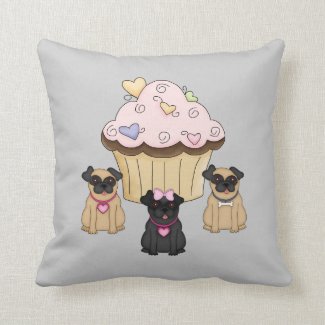 Cupcake Sweet Pug Dogs Throw Pillow 
