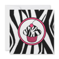 Cupcake with Cherry Invitation - Zebra Print /Pink invitation