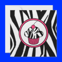 Cupcake with Cherry Invitation - Zebra Print /Pink