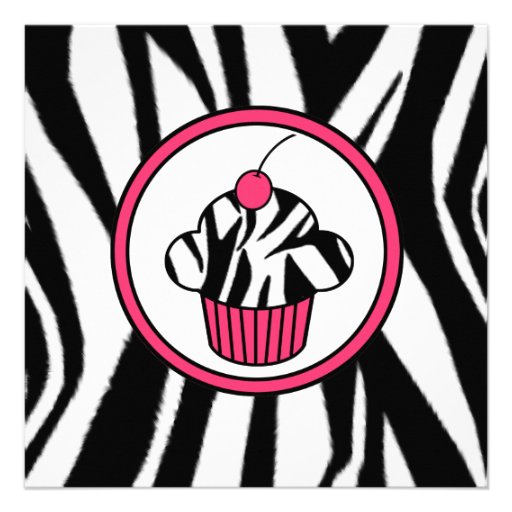 Cupcake with Cherry Invitation - Zebra Print /Pink