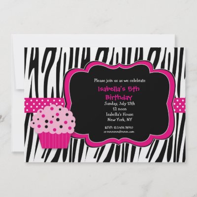 Cupcake Zebra Print Birthday Party Invitations