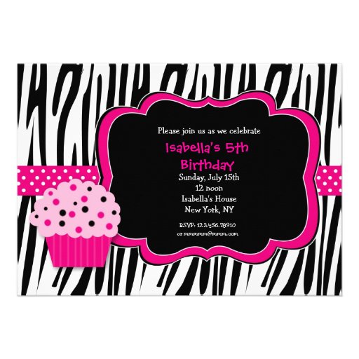 Cupcake Zebra Print Birthday Party Invitations