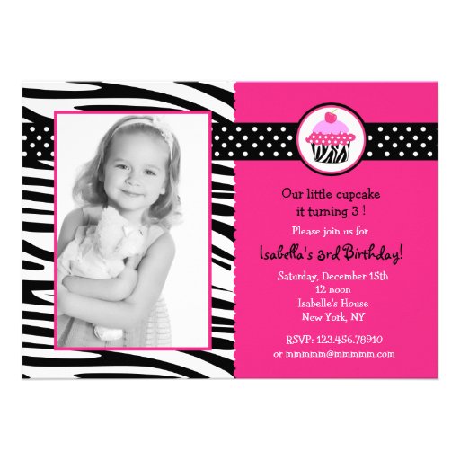 Cupcake Zebra Print Photo Birthday Invitations