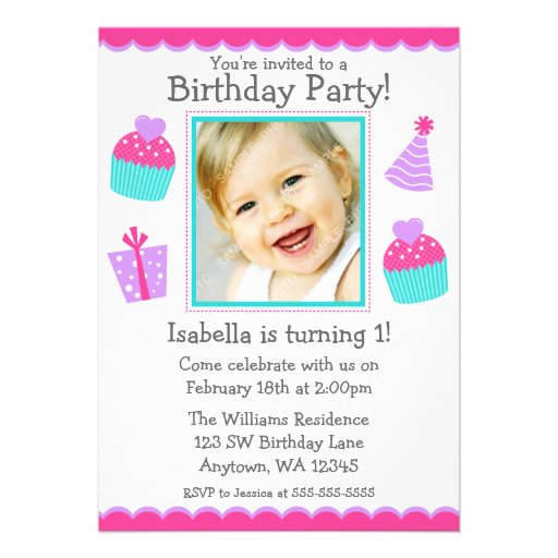 Cupcakes 1st Birthday Girl Photo Invitation (front side)
