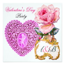 CUPID LACE HEART AND PINK ROSE VALENTINE MONOGRAM CUSTOM INVITES