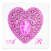 CUPID LACE HEART MONOGRAM, pink fuchsia Invitations