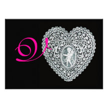 CUPID LACE HEART MONOGRAM,pink fuchsia Custom Invites