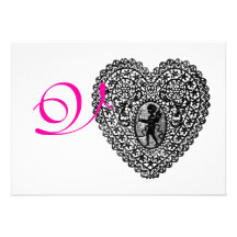 CUPID LACE HEART MONOGRAM,pink fuchsia Custom Invitation