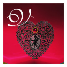 CUPID LACE HEART MONOGRAM, red burgundy black Custom Invitations
