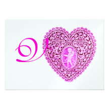 CUPID LACE HEART MONOGRAM, red fuchsia ice Invitations
