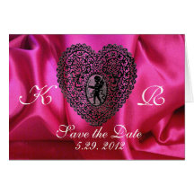 CUPID LACE HEART SILK FUCHSIA CLOTH , Pink Black Greeting Cards