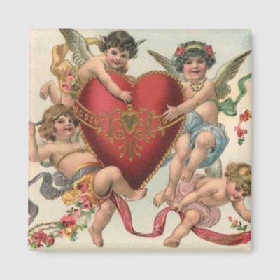 Cupids with Heart magnet. $3.50. Vintage illustration Valentine's Day design 