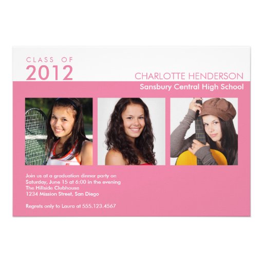 Custom 3 photo pink graduation class of invitation