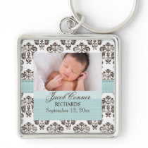Custom Baby Damask Photo Keychain Blue and Brown