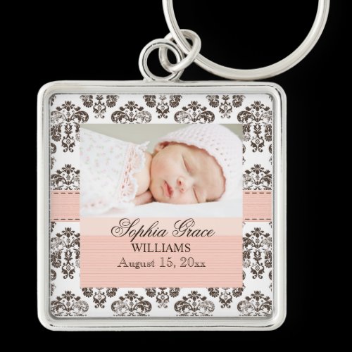 Custom Baby Damask Photo Keychain  Pink and Brown