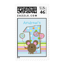 Custom Balloon Mouse Blue 1st Birthday Stamps