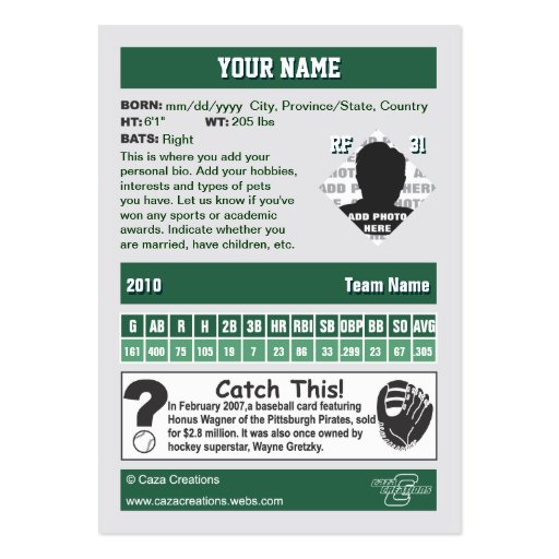Custom Baseball Card Business Card (back side)