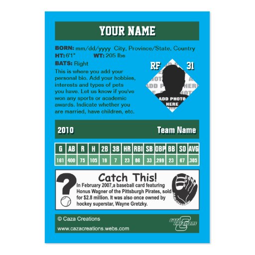 Custom Baseball Card Business Card Template (back side)