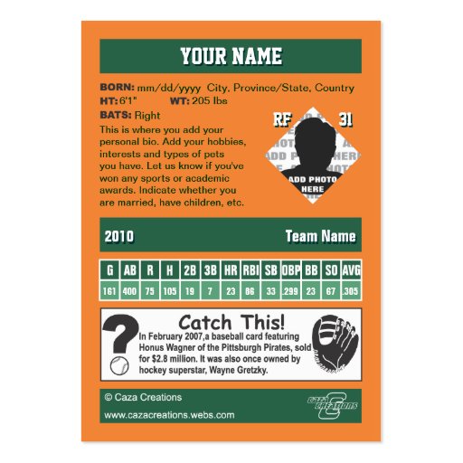 Custom Baseball Card Business Card Templates (back side)