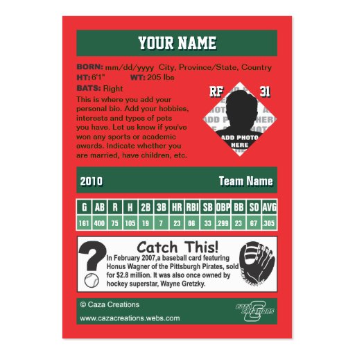 Custom Baseball Card Business Cards (back side)
