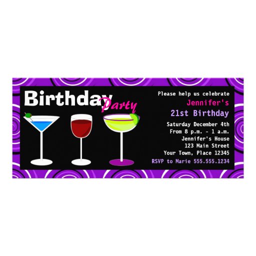 Custom Birthday Cocktail Party Invite Purple Swirl (front side)